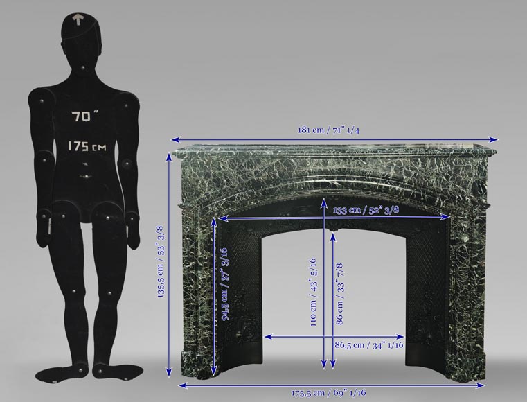Importante cheminée de style Louis XIV en marbre vert de mer Importante cheminée de style Louis XIV en marbre vert de mer-12
