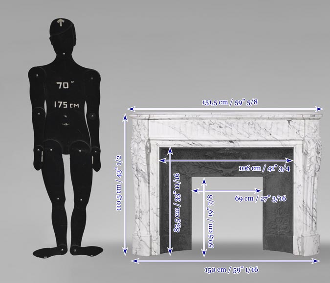 Cheminée galbée de style Louis XVI en marbre Arabescato, à rudenture et feuille d'acanthe Cheminée galbée de style Louis XVI en marbre Arabescato, à rudenture et feuille d'acanthe-14