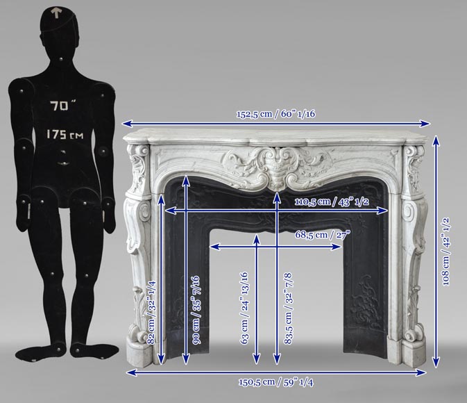 Grande cheminée de style Louis XV en marbre de Carrare au riche décor Grande cheminée de style Louis XV en marbre de Carrare au riche décor-12