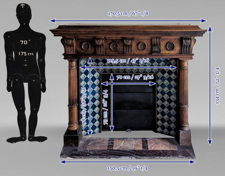 Cheminée de style Napoléon III à colonnes détachées sculptée en bois de noyer Cheminée de style Napoléon III à colonnes détachées sculptée en bois de noyer-12