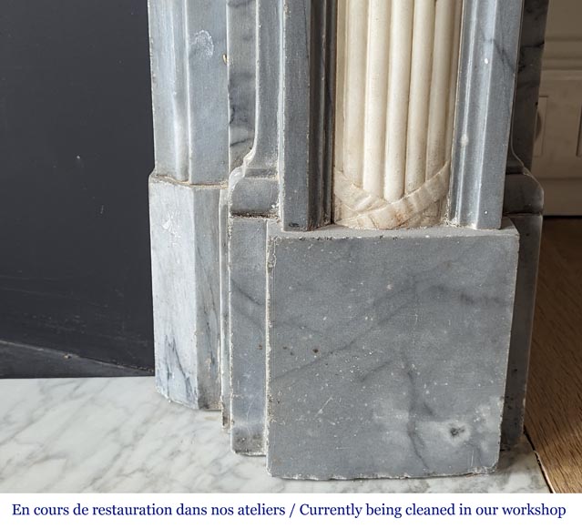 Cheminée d’époque Louis XVI bicolore à demi colonnes en marbre Turquin et statuaire Cheminée d’époque Louis XVI bicolore à demi colonnes en marbre Turquin et statuaire-11