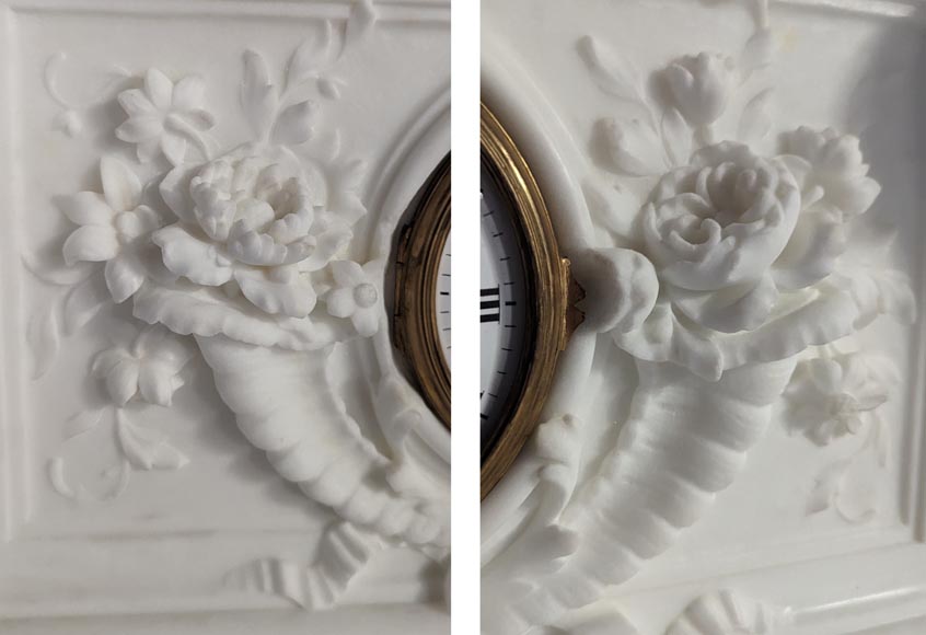 Cheminée de style Napoléon III en marbre statuaire, avec dessus de cheminée incluant une horloge Cheminée de style Napoléon III en marbre statuaire, avec dessus de cheminée incluant une horloge-2