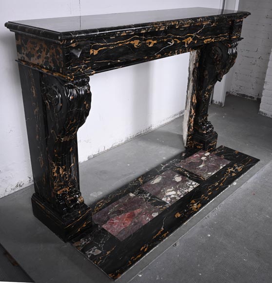 Cheminée de style Napoléon III à pattes de lion sculptée en marbre Portor Cheminée de style Napoléon III à pattes de lion sculptée en marbre Portor-2