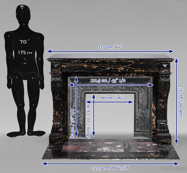 Cheminée de style Napoléon III à pattes de lion sculptée en marbre Portor Cheminée de style Napoléon III à pattes de lion sculptée en marbre Portor-12