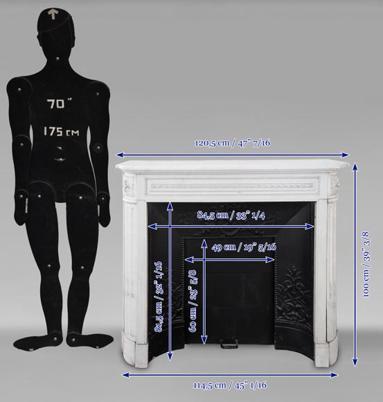 Cheminée de style Louis XVI en marbre de Carrare à coins arrondis et décor perlé Cheminée de style Louis XVI en marbre de Carrare à coins arrondis et décor perlé-9
