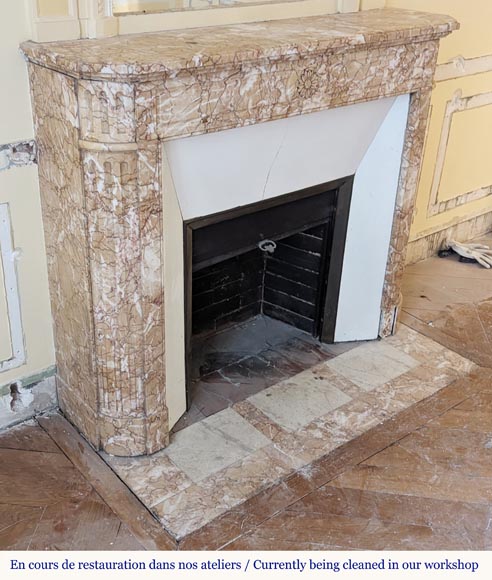 Cheminée de style Louis XVI en marbre Brocatelle à coins arrondis ornée d'un tournesol Cheminée de style Louis XVI en marbre Brocatelle à coins arrondis ornée d'un tournesol-2