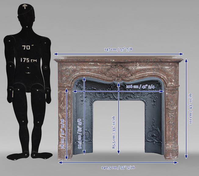 Cheminée de style Louis XV en marbre Rouge du Nord ornée d'une coquille mouvementée Cheminée de style Louis XV en marbre Rouge du Nord ornée d'une coquille mouvementée-10