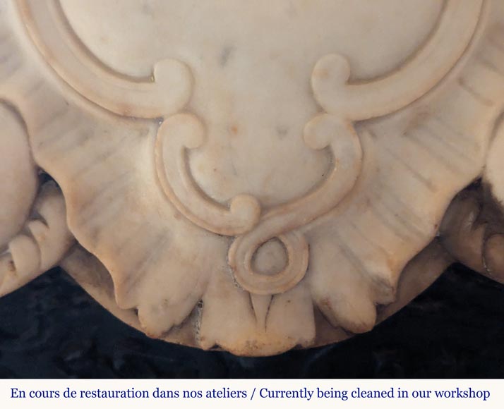 Cheminée de style Louis XV en marbre de Carrare richement sculptée d'un décor végétal Cheminée de style Louis XV en marbre de Carrare richement sculptée d'un décor végétal-3