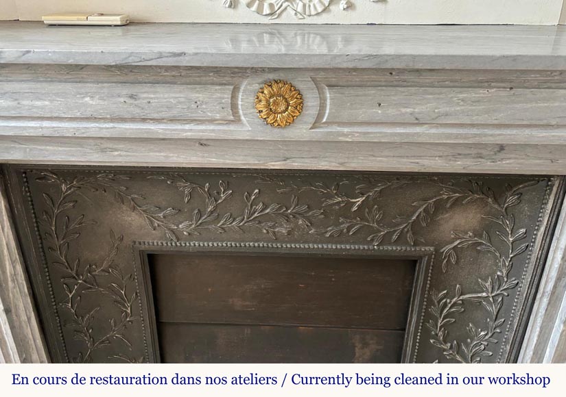 Cheminée de style Louis XVI en marbre Turquin ornée de fleurs de tournesol en bronze Cheminée de style Louis XVI en marbre Turquin ornée de fleurs de tournesol en bronze-1