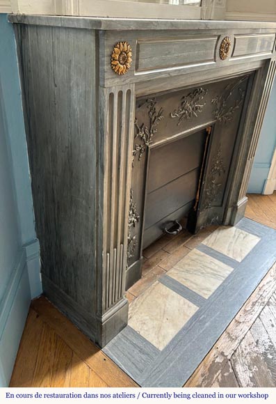 Cheminée de style Louis XVI en marbre Turquin bleu clair décorée de fleurs de tournesol en bronze Cheminée de style Louis XVI en marbre Turquin bleu clair décorée de fleurs de tournesol en bronze-2