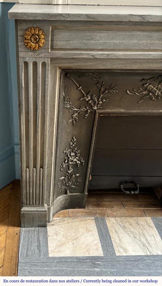 Cheminée de style Louis XVI en marbre Turquin bleu clair décorée de fleurs de tournesol en bronze Cheminée de style Louis XVI en marbre Turquin bleu clair décorée de fleurs de tournesol en bronze-3