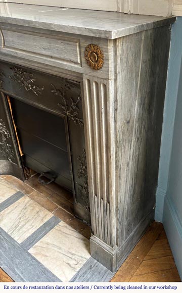 Cheminée de style Louis XVI en marbre Turquin bleu clair décorée de fleurs de tournesol en bronze Cheminée de style Louis XVI en marbre Turquin bleu clair décorée de fleurs de tournesol en bronze-5