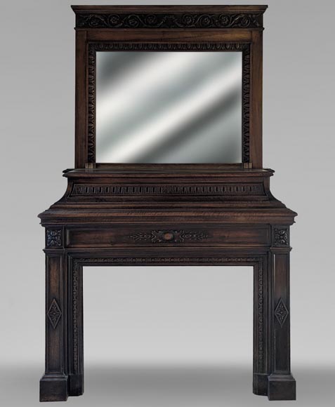 Cheminée de style Napoléon III en bois de noyer avec son trumeau Cheminée de style Napoléon III en bois de noyer avec son trumeau-0
