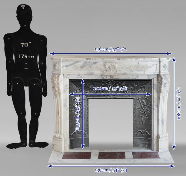 Cheminée de style Louis XVI galbée en marbre Arabescato décorée d'une couronne de laurier Cheminée de style Louis XVI galbée en marbre Arabescato décorée d'une couronne de laurier-13