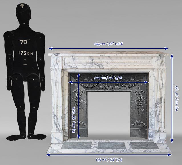 Cheminée de style Louis XVI en marbre Arabescato au bandeau perlé Cheminée de style Louis XVI en marbre Arabescato au bandeau perlé-11