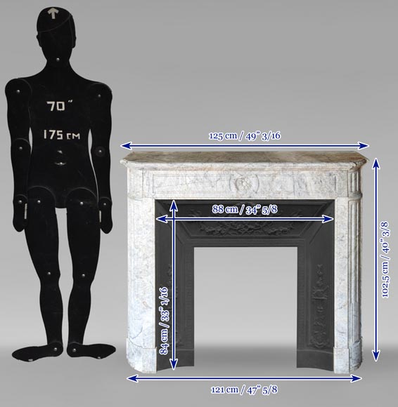 Cheminée de style Louis XVI à coins arrondis et fleur de tournesol sculptée en marbre cristalin Cheminée de style Louis XVI à coins arrondis et fleur de tournesol sculptée en marbre cristalin-10