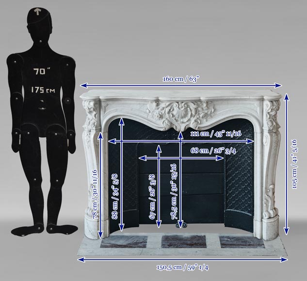 Cheminée de style Louis XV en marbre de Carrare richement sculptée Cheminée de style Louis XV en marbre de Carrare richement sculptée-14