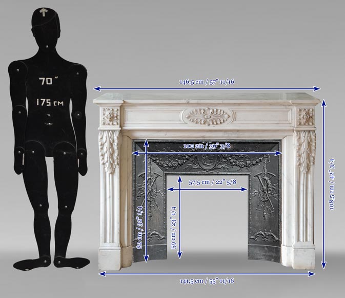 Cheminée de style Louis XVI à feuille d'acanthe sculptée en marbre de Carrare demi statuaire Cheminée de style Louis XVI à feuille d'acanthe sculptée en marbre de Carrare demi statuaire-10