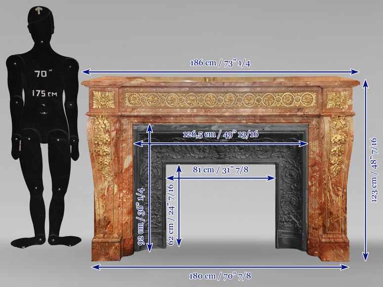 Grande cheminée de style Louis XVI en marbre brèché rouge ornée de bronze Grande cheminée de style Louis XVI en marbre brèché rouge ornée de bronze-13