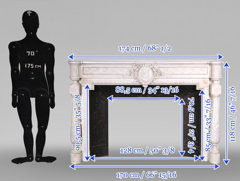 Cheminée en marbre de style Louis XVI à colonnes et médaillon au profil féminin Cheminée en marbre de style Louis XVI à colonnes et médaillon au profil féminin-14