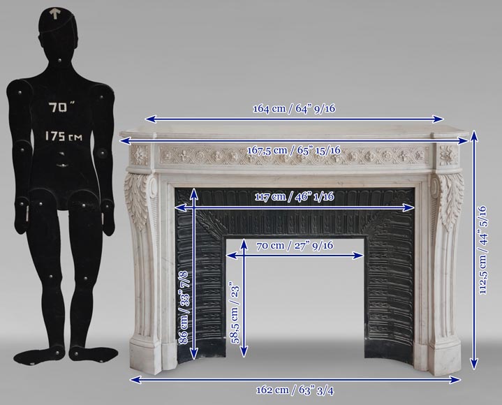 Cheminée de style Louis XVI galbée en marbre de Carrare décorée d'une frise de macarons Cheminée de style Louis XVI galbée en marbre de Carrare décorée d'une frise de macarons-13