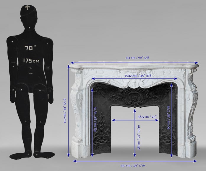 Cheminée de style Louis XV très sculptée en marbre de Carrare, coquille feuillagée. Cheminée de style Louis XV très sculptée en marbre de Carrare, coquille feuillagée.-15