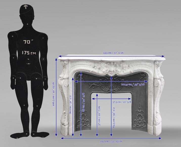 Cheminée de style Louis XV en marbre de Carrare, décorée d'une coquille fleurie Cheminée de style Louis XV en marbre de Carrare, décorée d'une coquille fleurie-16