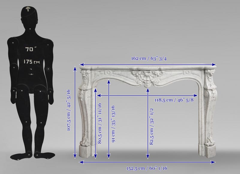 Grande cheminée de style Louis XV en marbre de Carrare décorée de coquilles et de fleurs Grande cheminée de style Louis XV en marbre de Carrare décorée de coquilles et de fleurs-10