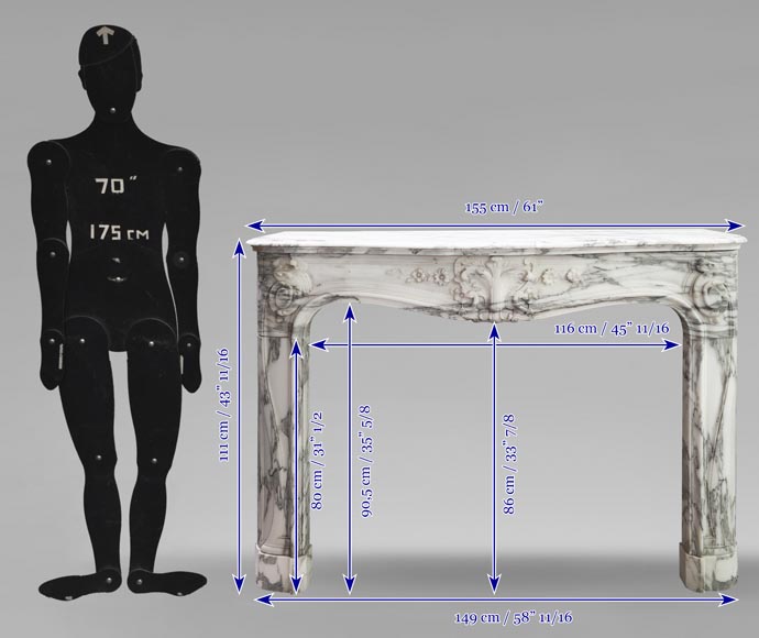 Cheminée style Louis XV à la palmette fleurie, en marbre Arabescato Cheminée style Louis XV à la palmette fleurie, en marbre Arabescato-13