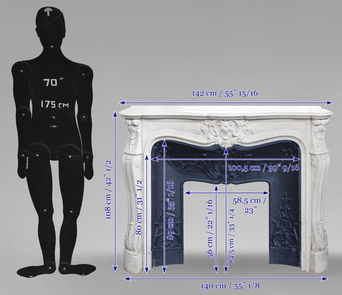 Cheminée de style Louis XV en marbre de Carrare à palmette fleurie Cheminée de style Louis XV en marbre de Carrare à palmette fleurie-11
