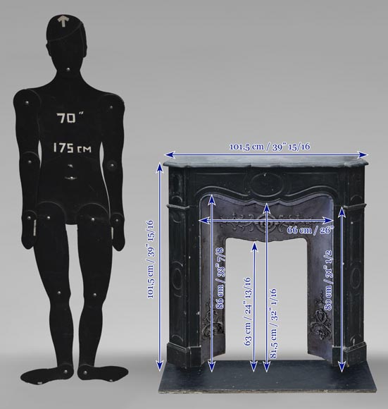 Petite cheminée de style Louis XV modèle Pompadour en marbre noir moucheté Petite cheminée de style Louis XV modèle Pompadour en marbre noir moucheté-10