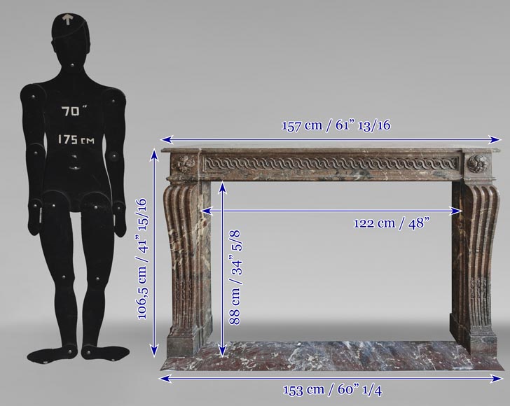 Cheminée d'époque Louis XVI galbée rouge, décorée d'une frise vitruvienne. Cheminée d'époque Louis XVI galbée rouge, décorée d'une frise vitruvienne.-10