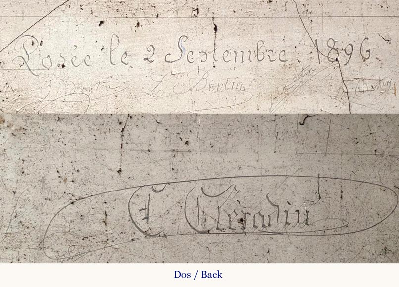 Cheminée en chêne avec bas-reliefs en plâtre imitation bronze, datée de 1896 Cheminée en chêne avec bas-reliefs en plâtre imitation bronze, datée de 1896-13