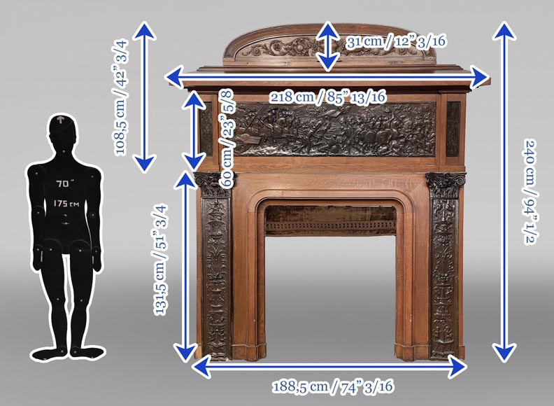 Cheminée en chêne avec bas-reliefs en plâtre imitation bronze, datée de 1896 Cheminée en chêne avec bas-reliefs en plâtre imitation bronze, datée de 1896-15