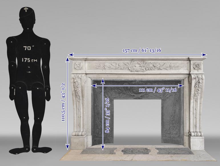 Cheminée de style Louis XVI en marbre de Carrare très sculpté, à décor floral Cheminée de style Louis XVI en marbre de Carrare très sculpté, à décor floral-11