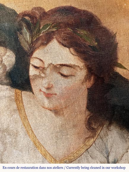 Grande cheminée monumentale en noyer sculpté, décorée d’atlantes et d’un médaillon peint Grande cheminée monumentale en noyer sculpté, décorée d’atlantes et d’un médaillon peint-2