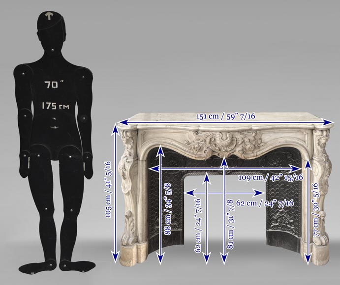 Cheminée de style Louis XV très sculptée en marbre de Carrare, décorée de fleurs Cheminée de style Louis XV très sculptée en marbre de Carrare, décorée de fleurs-13