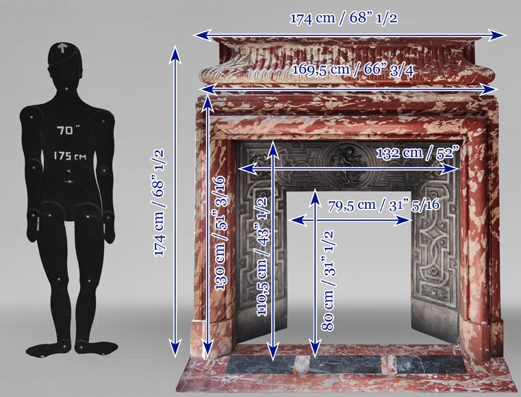 Cheminée de style Louis XIV à acrotères, en marbre Rouge du Languedoc Cheminée de style Louis XIV à acrotères, en marbre Rouge du Languedoc-11