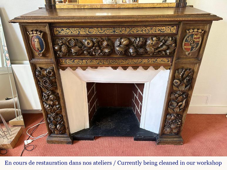 Cheminée d’applique avec trumeau, bois sculpté et doré, éléments du XVIIIᵉ et XIXᵉ siècles Cheminée d’applique avec trumeau, bois sculpté et doré, éléments du XVIIIᵉ et XIXᵉ siècles-1