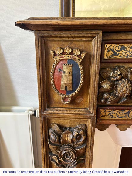 Cheminée d’applique avec trumeau, bois sculpté et doré, éléments du XVIIIᵉ et XIXᵉ siècles Cheminée d’applique avec trumeau, bois sculpté et doré, éléments du XVIIIᵉ et XIXᵉ siècles-3