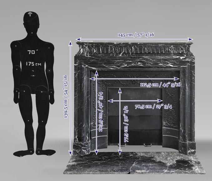 Cheminée de style Louis XIV à acrotère, en marbre Marquina Cheminée de style Louis XIV à acrotère, en marbre Marquina-11