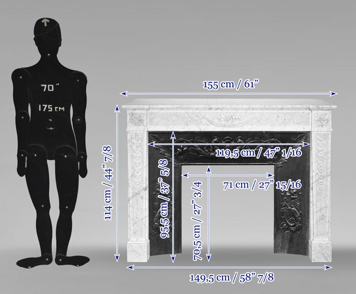 Cheminée d'époque Louis XVI à décor de fruits sculptés, en marbre de Carrare veiné Cheminée d'époque Louis XVI à décor de fruits sculptés, en marbre de Carrare veiné-14