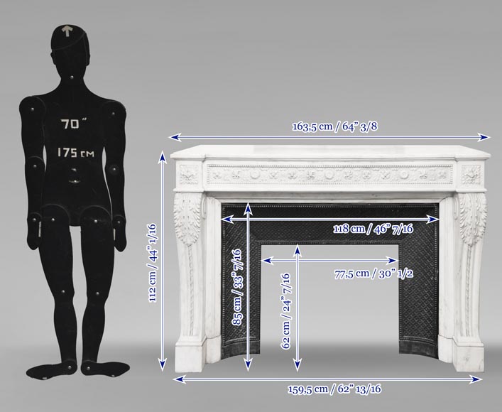 Cheminée de style Louis XVI a décor de macarons et de perles, en marbre de Carrare Cheminée de style Louis XVI a décor de macarons et de perles, en marbre de Carrare-11