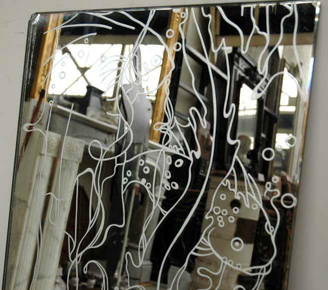 Cheminée en travertin de 1940 avec mur de miroirs Cheminée en travertin de 1940 avec mur de miroirs-3