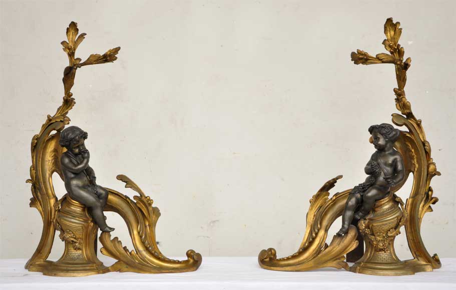 Chenets anciens à l'Allégorie du Vin, en bronze à deux patines Chenets anciens à l'Allégorie du Vin, en bronze à deux patines-0