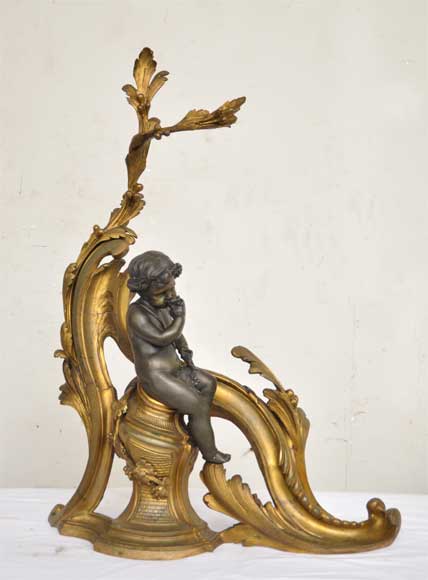 Chenets anciens à l'Allégorie du Vin, en bronze à deux patines Chenets anciens à l'Allégorie du Vin, en bronze à deux patines-1