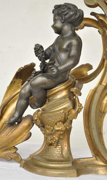 Chenets anciens à l'Allégorie du Vin, en bronze à deux patines Chenets anciens à l'Allégorie du Vin, en bronze à deux patines-5