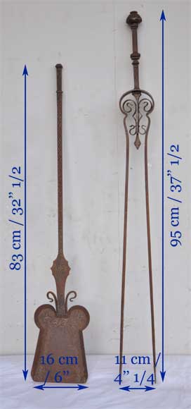 Accessoires de cheminées anciens : pince et pelle à décor géométrique Accessoires de cheminées anciens : pince et pelle à décor géométrique-6