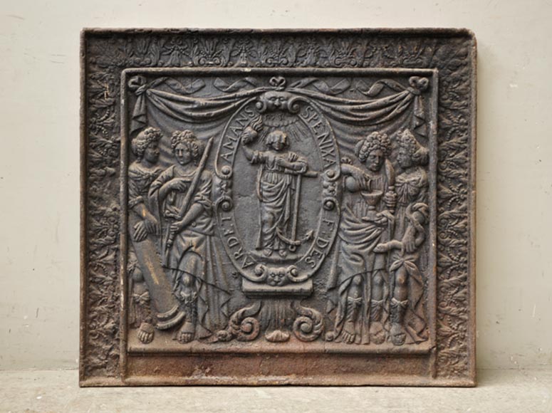 Grande plaque de cheminée ancienne à décor janséniste Grande plaque de cheminée ancienne à décor janséniste-0