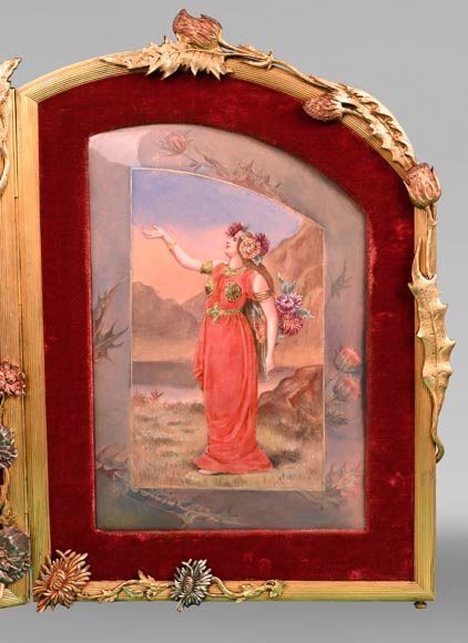 DORVAL, émailleur - Triptyque émaillé aux femmes à fleurs de chrysanthème-6